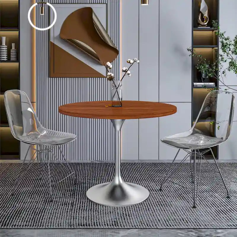 36 Round Dining Table with MDF Wood TableTop and Brushed Chrome Base for Kitchen & Dining Room