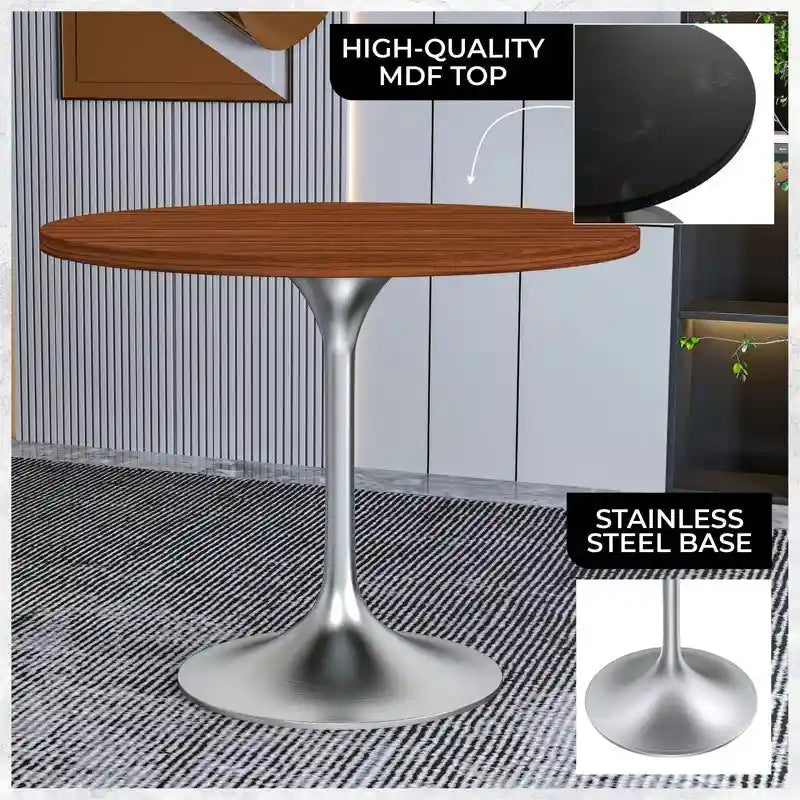 36 Round Dining Table with MDF Wood TableTop and Brushed Chrome Base for Kitchen & Dining Room