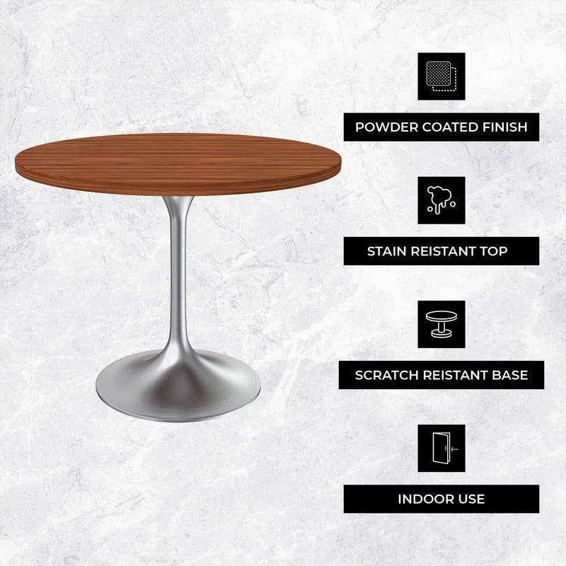 36 Round Dining Table with MDF Wood TableTop and Brushed Chrome Base for Kitchen & Dining Room