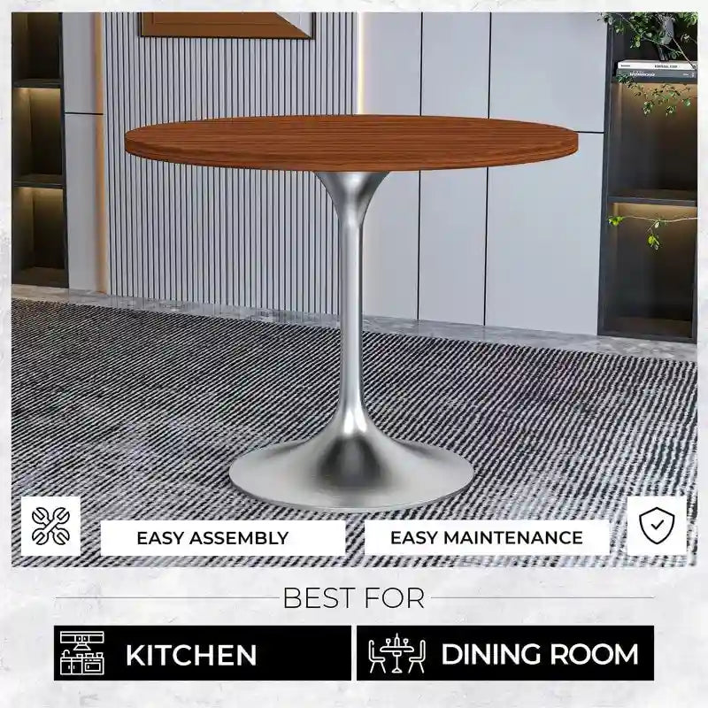 36 Round Dining Table with MDF Wood TableTop and Brushed Chrome Base for Kitchen & Dining Room