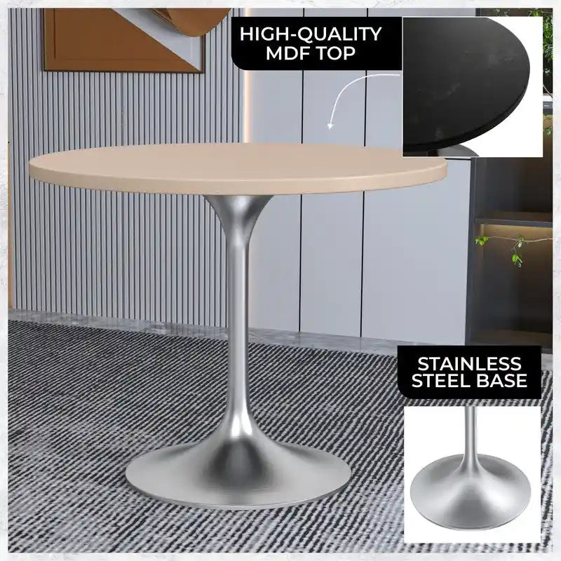 36 Round Dining Table with MDF Wood TableTop and Brushed Chrome Base for Kitchen & Dining Room