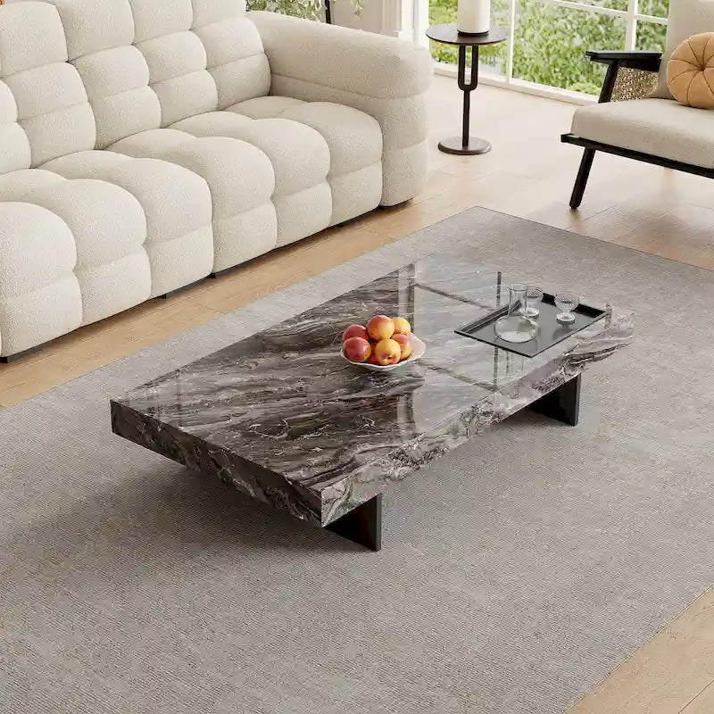 Modern 42 Faux Marble Square Coffee TableGlossy Sintered Stone Tabletop