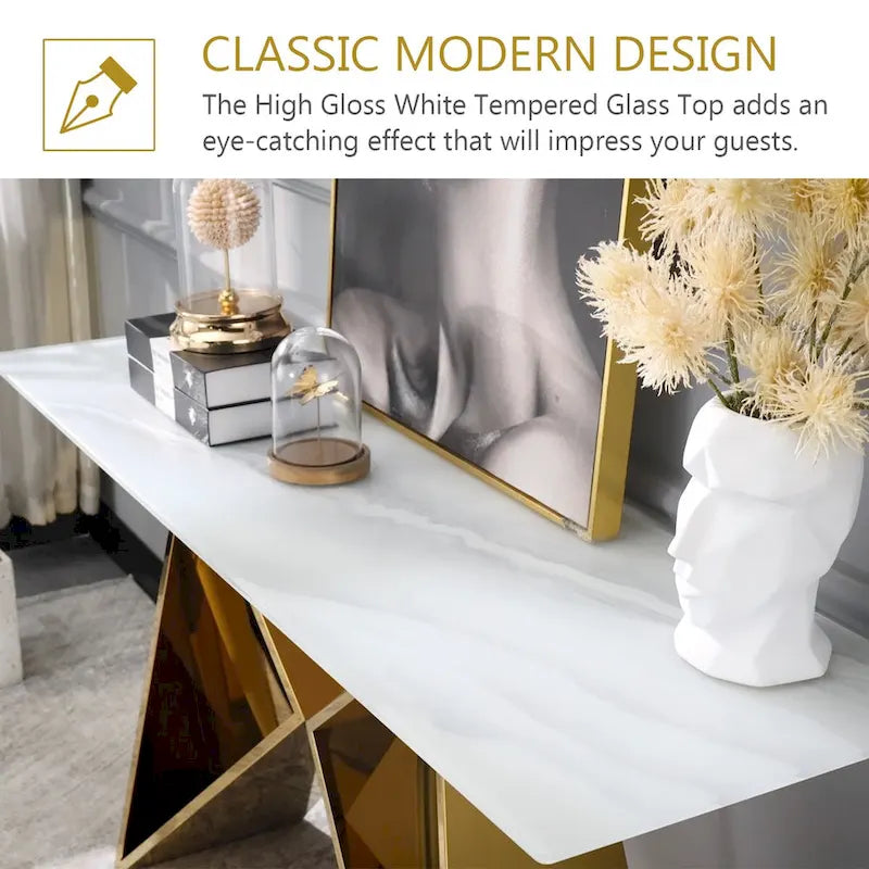 55 inch Rectangle White Glass Console Table with Mirrored M-Shaped Base