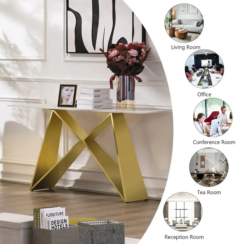 55 inch Rectangle White Glass Console Table with Mirrored M-Shaped Base