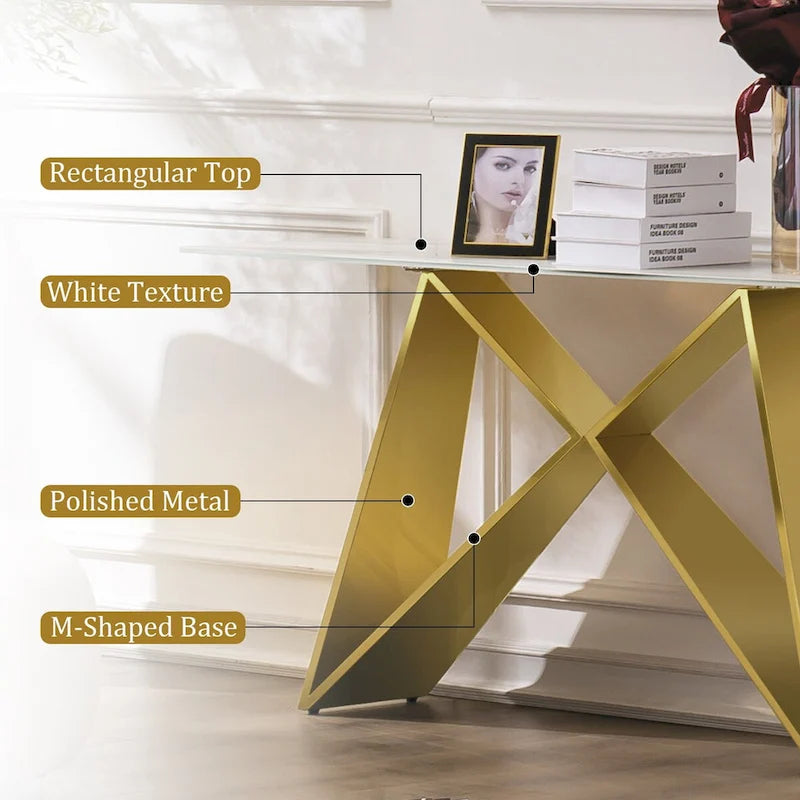 55 inch Rectangle White Glass Console Table with Mirrored M-Shaped Base