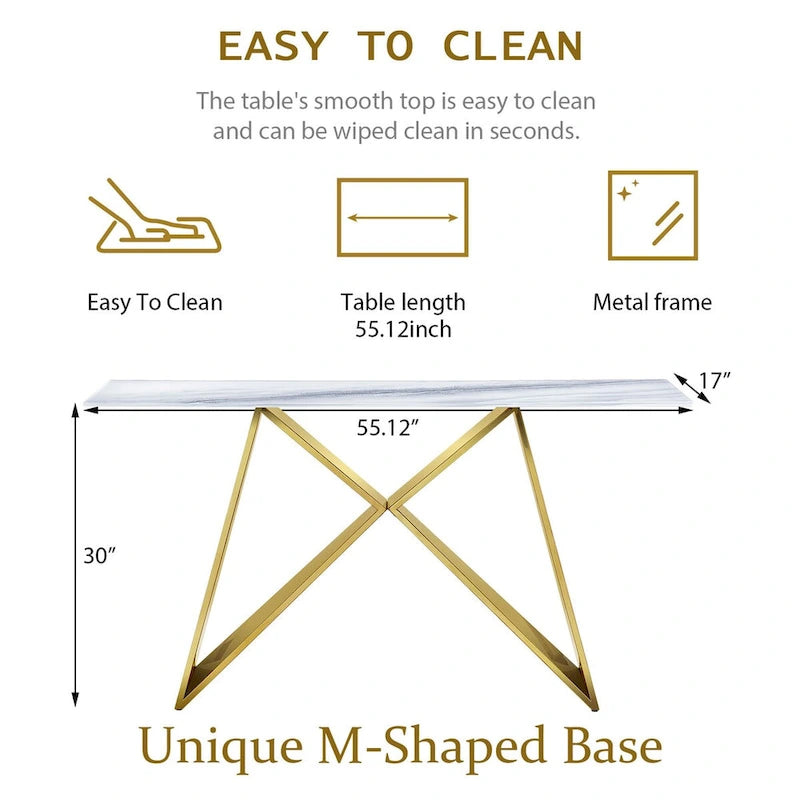 55 inch Rectangle White Glass Console Table with Mirrored M-Shaped Base