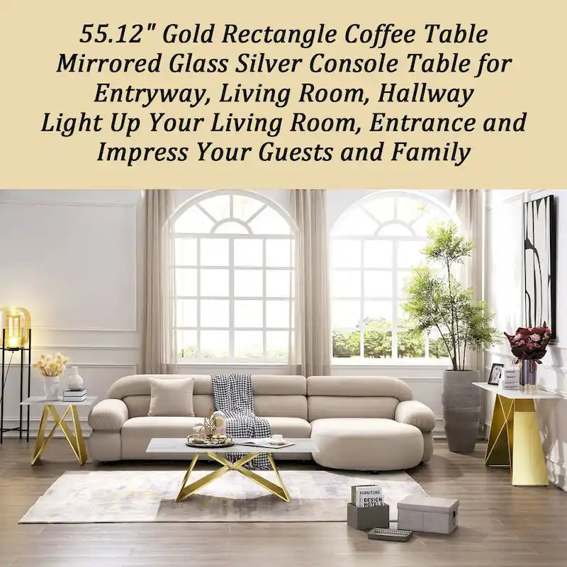 55 inch Rectangle White Glass Console Table with Mirrored M-Shaped Base