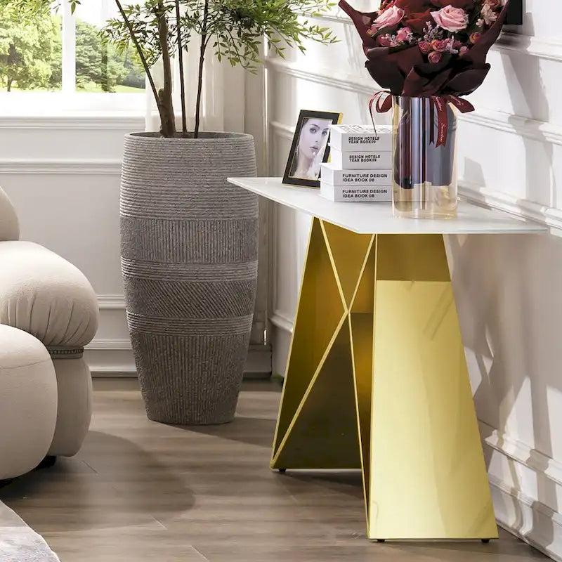 55 inch Rectangle White Glass Console Table with Mirrored M-Shaped Base