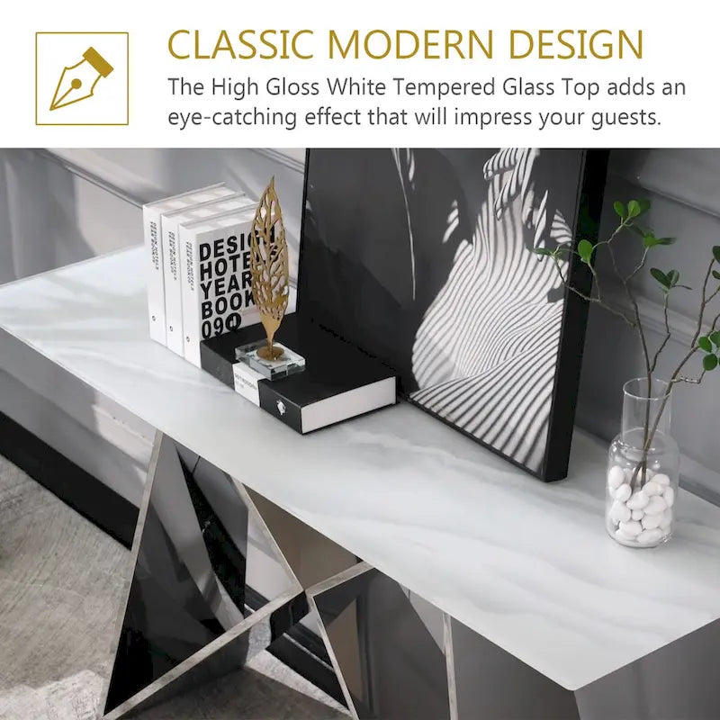 55 inch Rectangle White Glass Console Table with Mirrored M-Shaped Base
