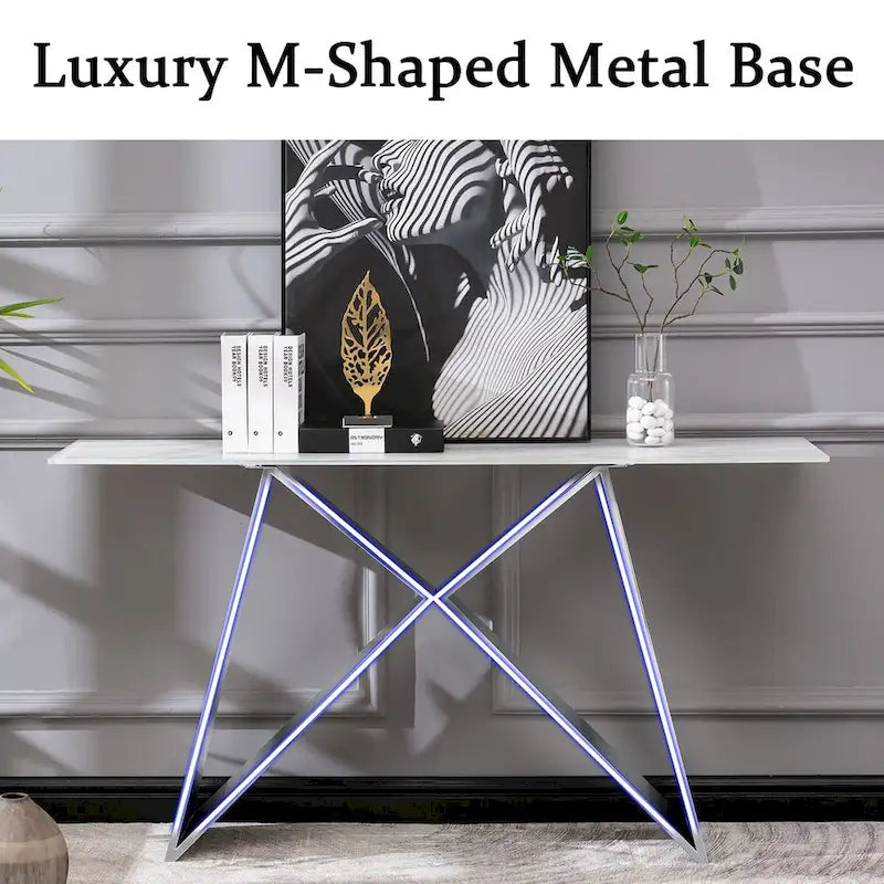 55 inch Rectangle White Glass Console Table with Mirrored M-Shaped Base