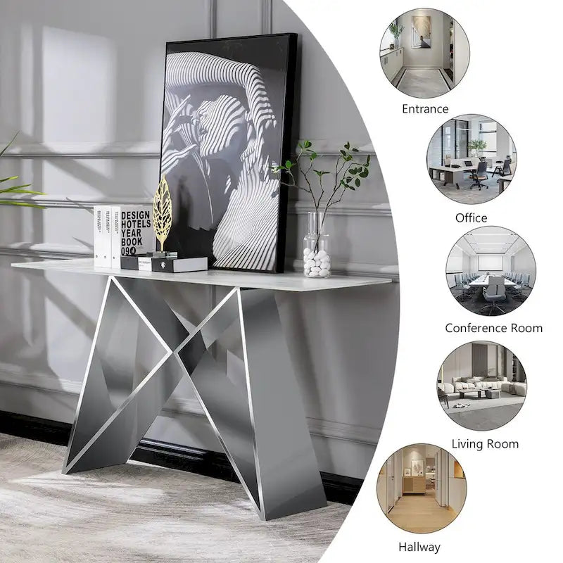 55 inch Rectangle White Glass Console Table with Mirrored M-Shaped Base
