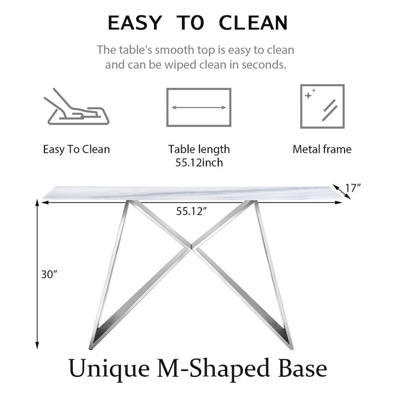 55 inch Rectangle White Glass Console Table with Mirrored M-Shaped Base