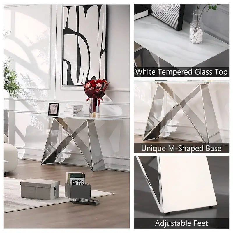 55 inch Rectangle White Glass Console Table with Mirrored M-Shaped Base