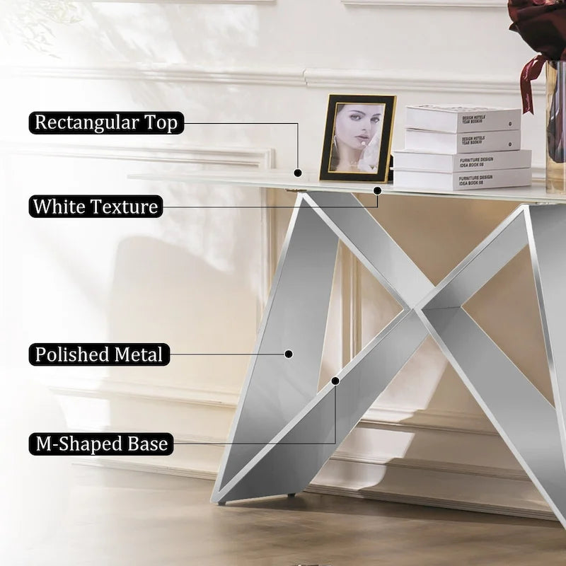 55 inch Rectangle White Glass Console Table with Mirrored M-Shaped Base