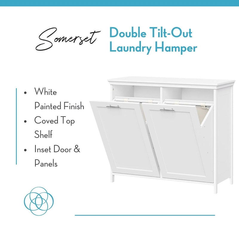 Double Tilt-Out Laundry Hamper Cabinet with Removable Cloth Storage Bags - White
