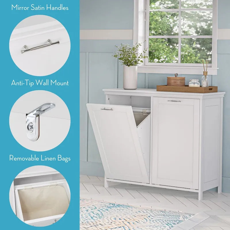 Double Tilt-Out Laundry Hamper Cabinet with Removable Cloth Storage Bags - White