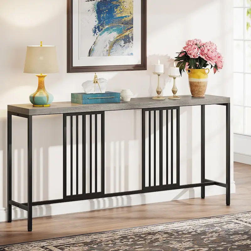 70.9 Inch Sofa Console Table with Open Storage Shelf, Industrial Narrow Extra Long Sofa Tables Entry Table Behind Couch Table