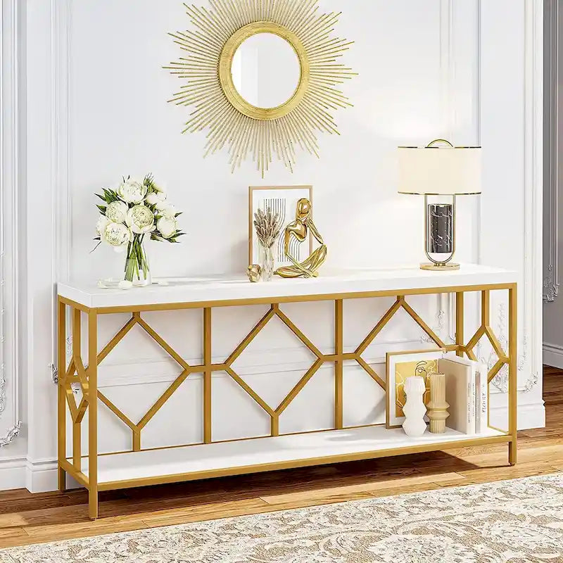 70.9 Inch Sofa Console Table with Open Storage Shelf, Industrial Narrow Extra Long Sofa Tables Entry Table Behind Couch Table