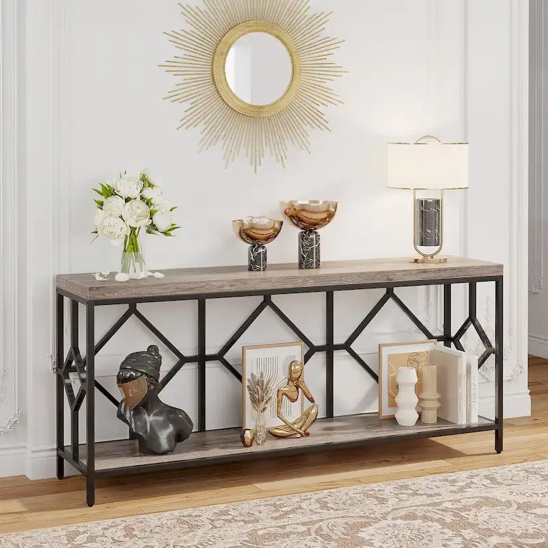 70.9 Inch Sofa Console Table with Open Storage Shelf, Industrial Narrow Extra Long Sofa Tables Entry Table Behind Couch Table