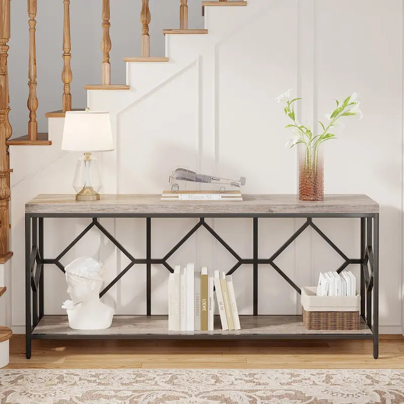 70.9 Inch Sofa Console Table with Open Storage Shelf, Industrial Narrow Extra Long Sofa Tables Entry Table Behind Couch Table