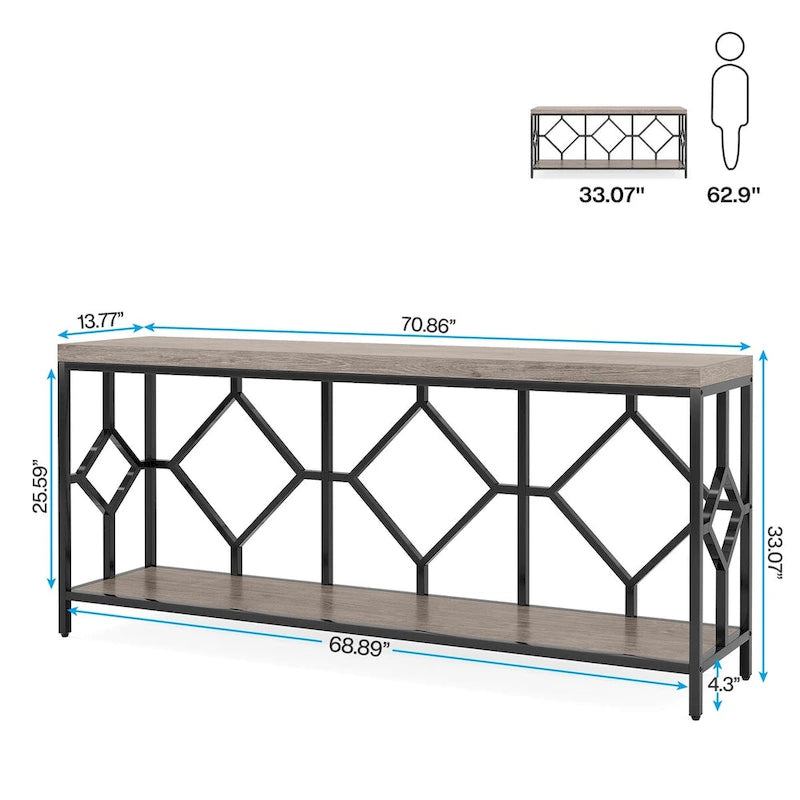 70.9 Inch Sofa Console Table with Open Storage Shelf, Industrial Narrow Extra Long Sofa Tables Entry Table Behind Couch Table
