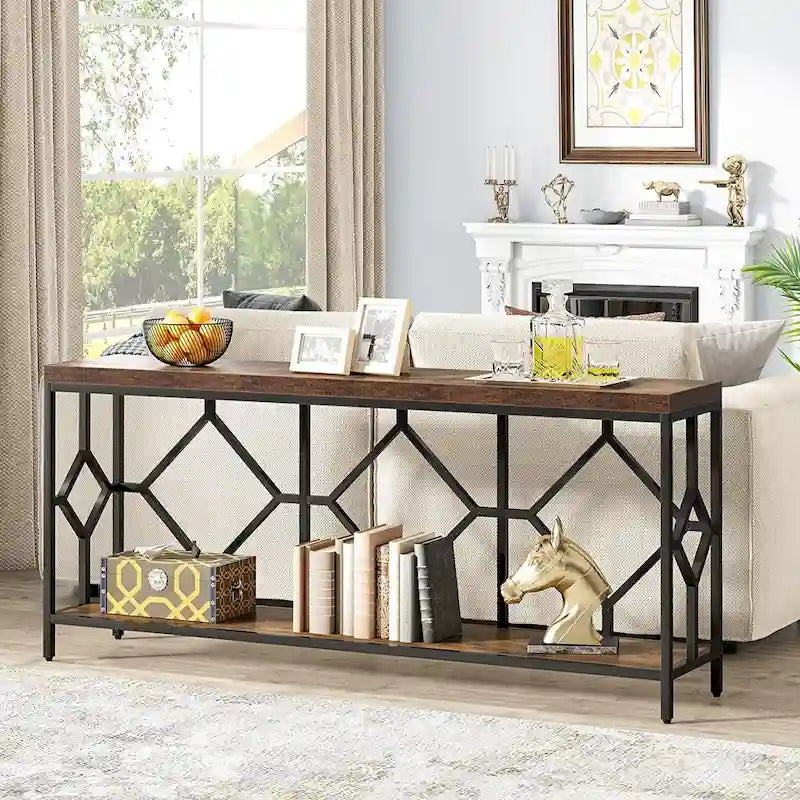 70.9 Inch Sofa Console Table with Open Storage Shelf, Industrial Narrow Extra Long Sofa Tables Entry Table Behind Couch Table