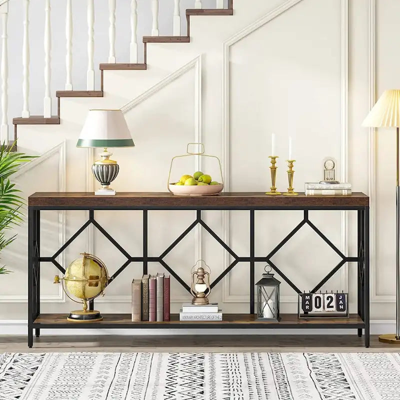70.9 Inch Sofa Console Table with Open Storage Shelf, Industrial Narrow Extra Long Sofa Tables Entry Table Behind Couch Table