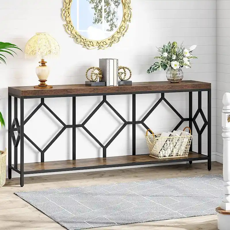 70.9 Inch Sofa Console Table with Open Storage Shelf, Industrial Narrow Extra Long Sofa Tables Entry Table Behind Couch Table