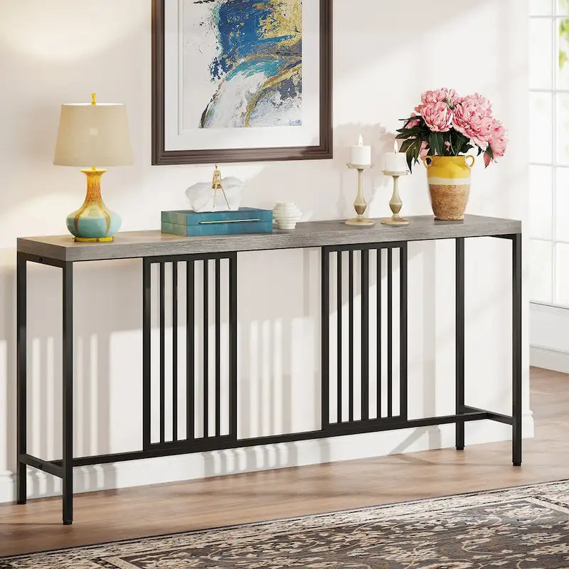 70.9 Inch Sofa Console Table with Open Storage Shelf, Industrial Narrow Extra Long Sofa Tables Entry Table Behind Couch Table