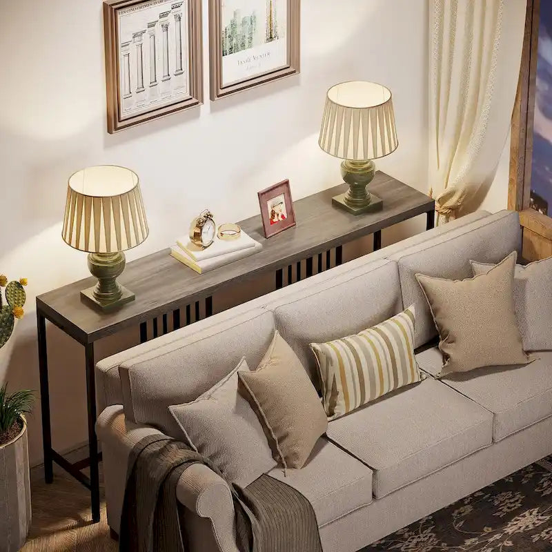 70.9 Inch Sofa Console Table with Open Storage Shelf, Industrial Narrow Extra Long Sofa Tables Entry Table Behind Couch Table