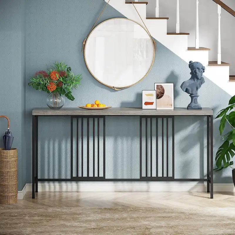 70.9 Inch Sofa Console Table with Open Storage Shelf, Industrial Narrow Extra Long Sofa Tables Entry Table Behind Couch Table