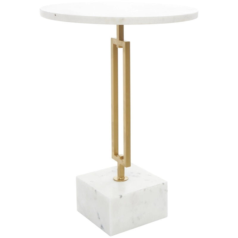 Marble Geometric Side End Accent Table with Gold Metal Rectangular Stand - White -