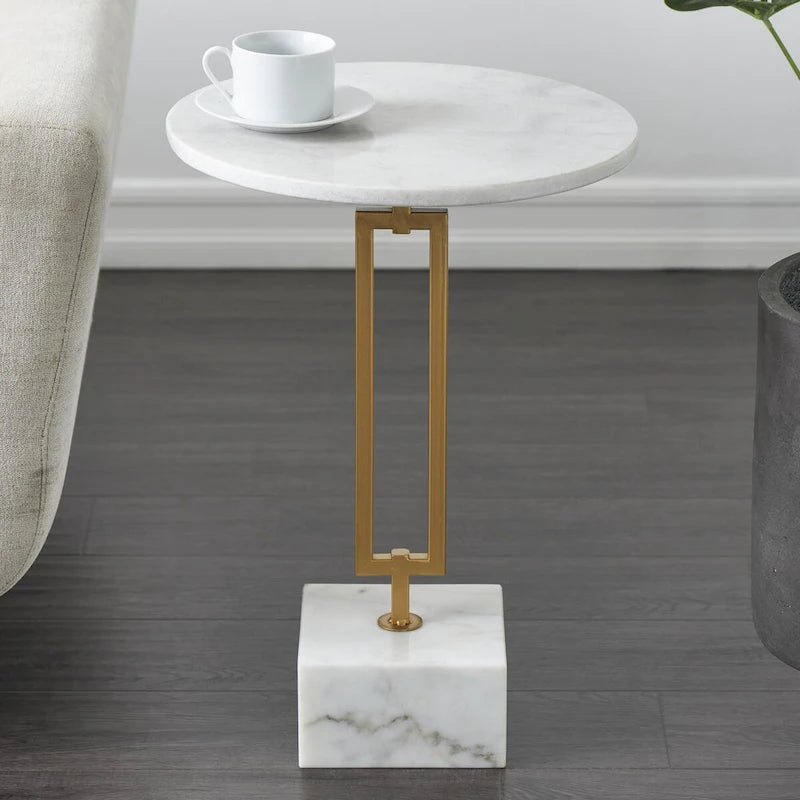 Marble Geometric Side End Accent Table with Gold Metal Rectangular Stand - White -
