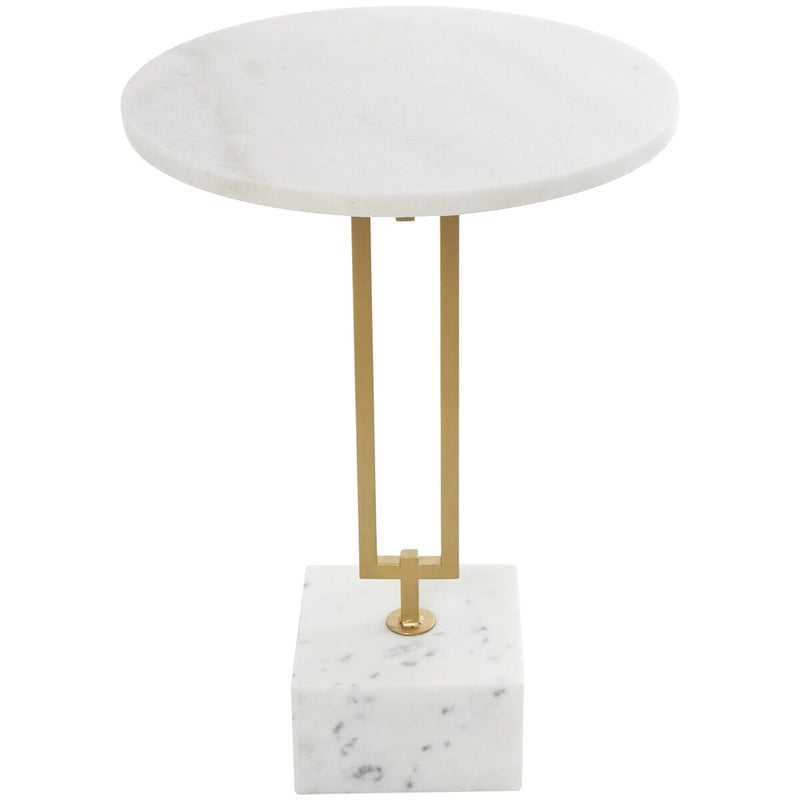 Marble Geometric Side End Accent Table with Gold Metal Rectangular Stand - White -