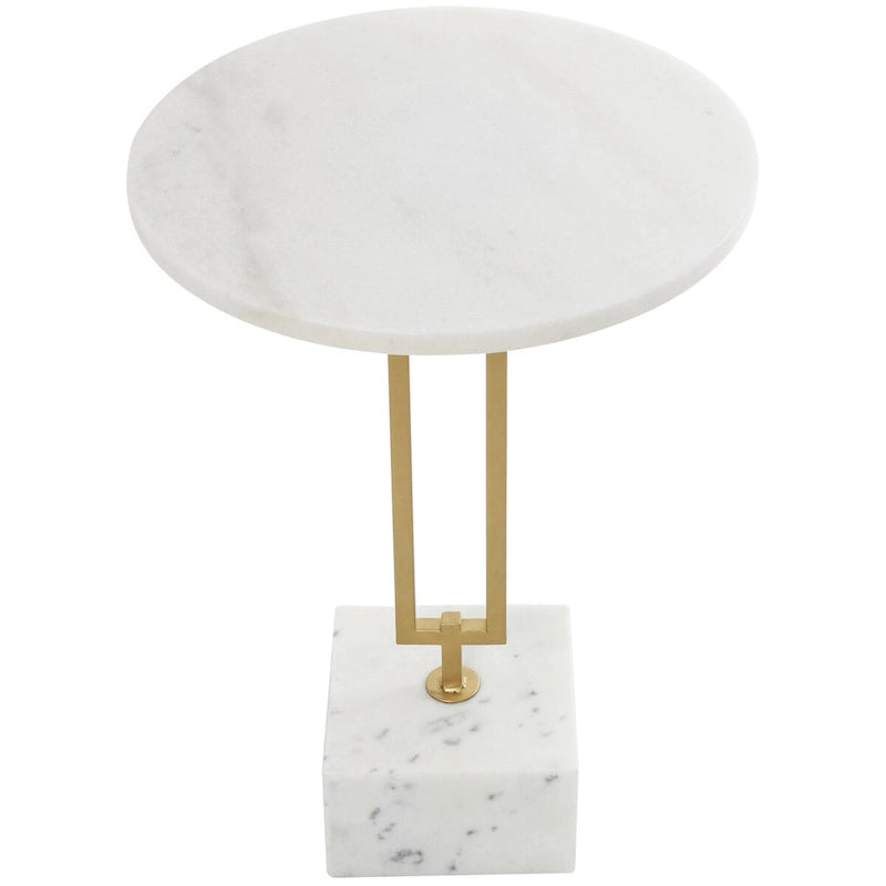 Marble Geometric Side End Accent Table with Gold Metal Rectangular Stand - White -