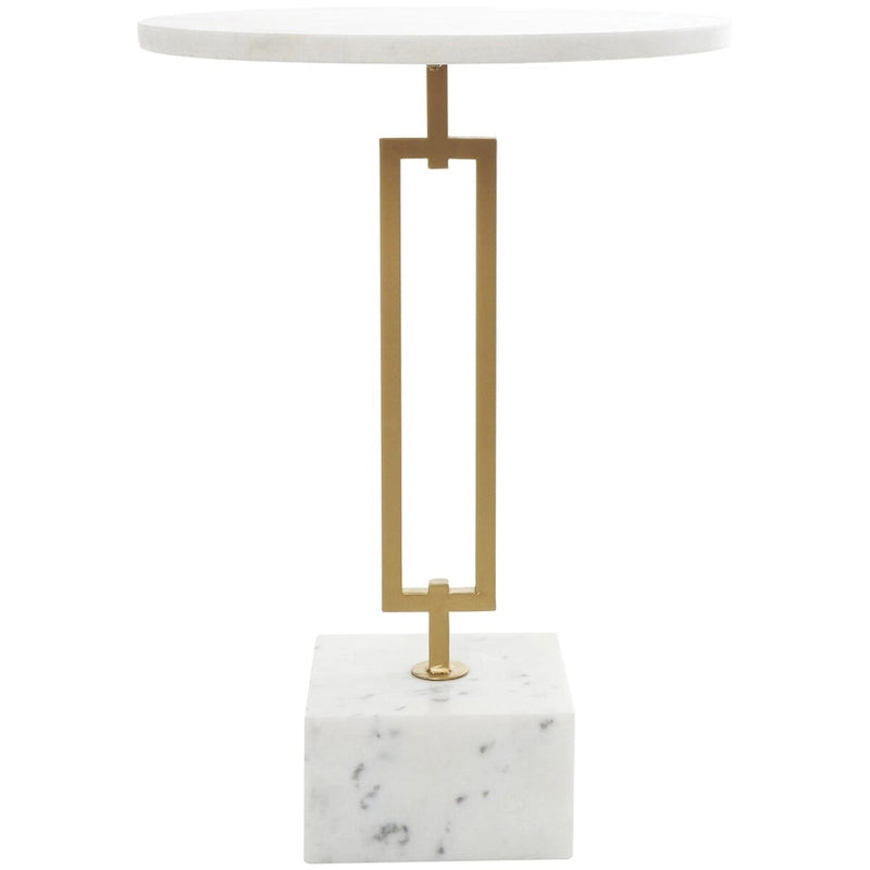 Marble Geometric Side End Accent Table with Gold Metal Rectangular Stand - White -
