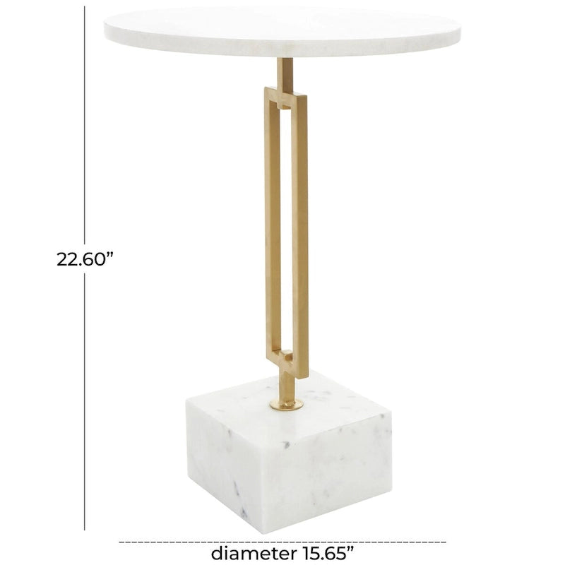 Marble Geometric Side End Accent Table with Gold Metal Rectangular Stand - White -